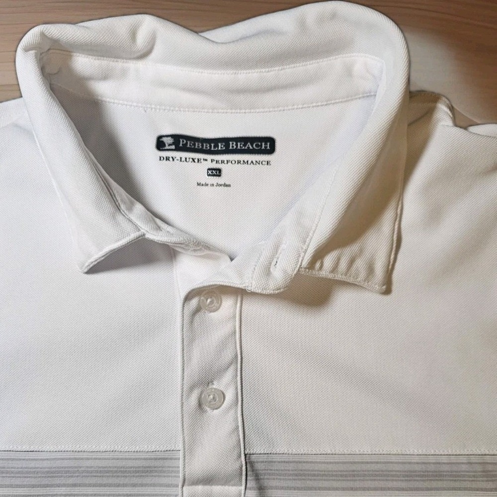 Pebble Beach Polo Shirt Mens XXL White Grey Striped Dry-Luxe Performance S/S - Picture 3 of 7
